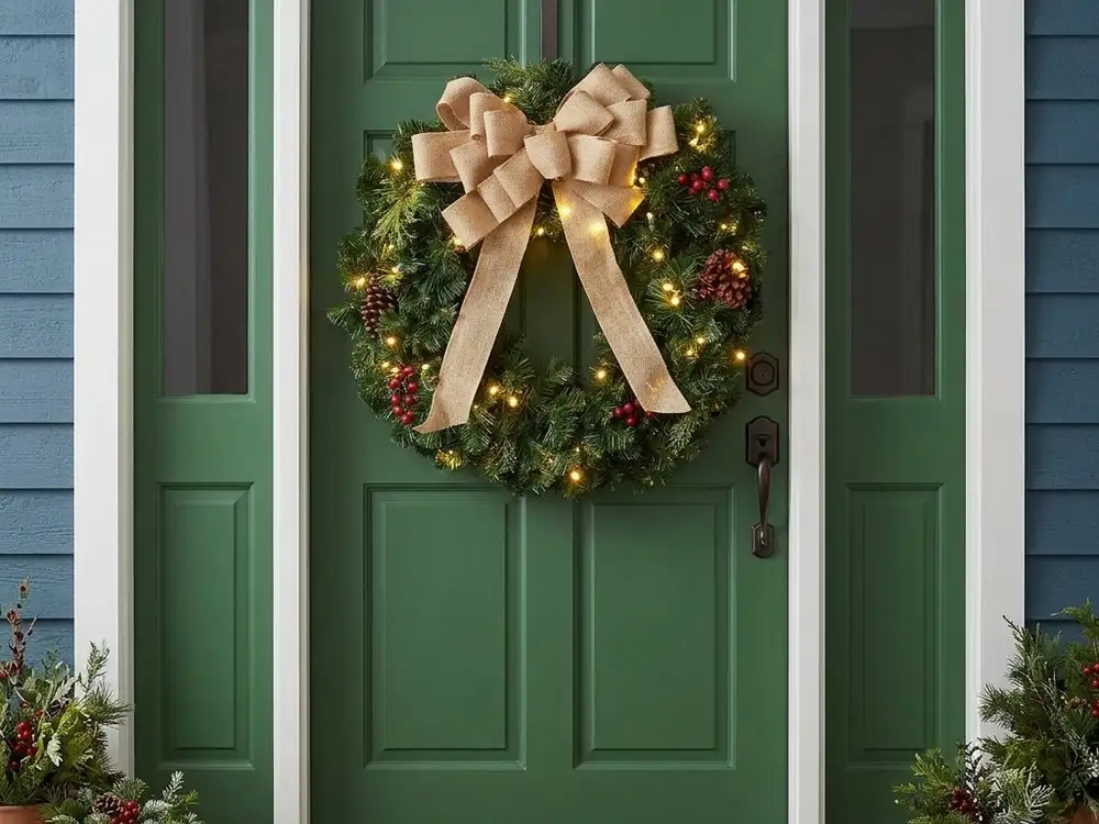 A lit Christmas wreath with a burlap bow, pine cones and red berries hanging on a green front door